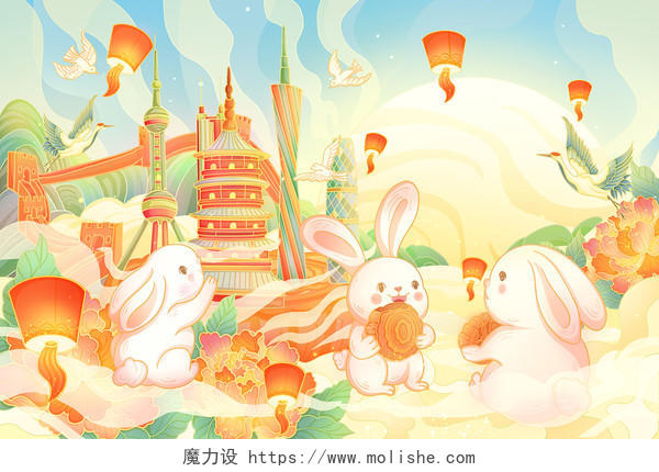 国潮风中秋节城市建筑兔子欢庆节日插画中秋建筑插画